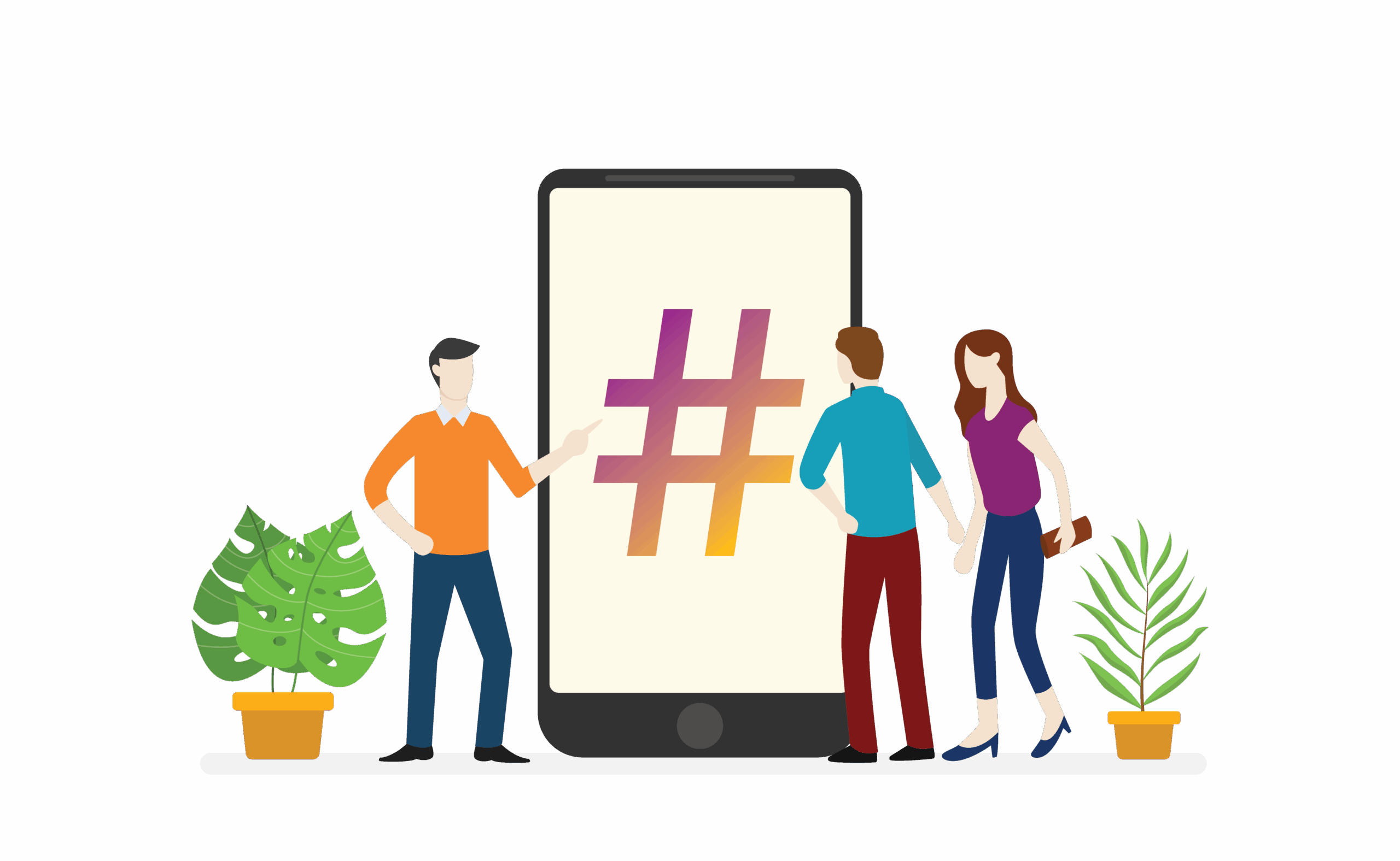 an illustration of 3 people standing around a giant phone with a hashtag on